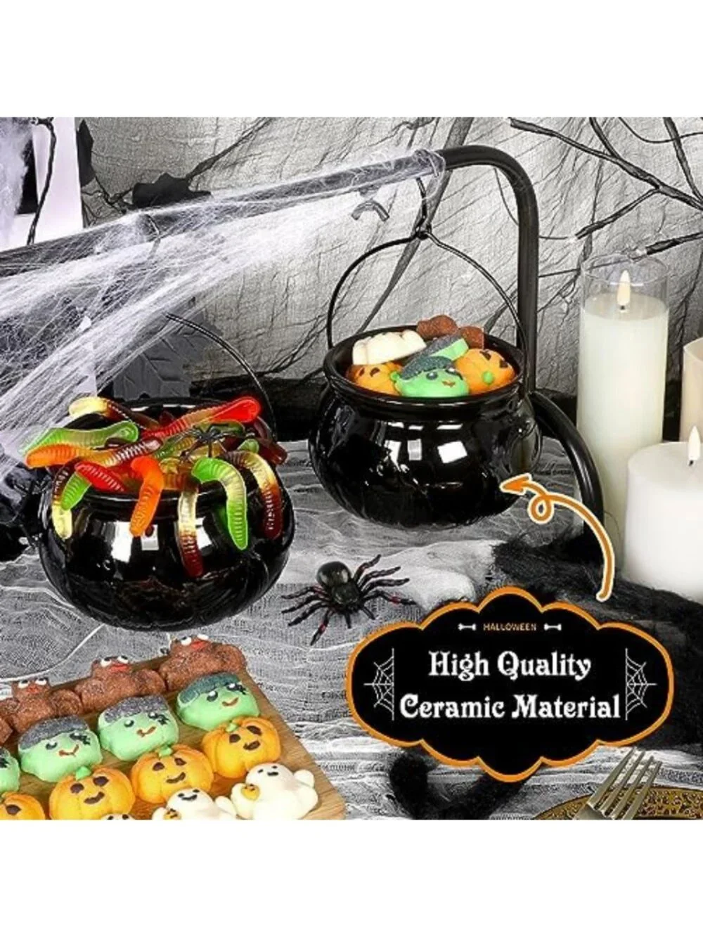 Spooky Halloween Party Decor - Set of 3 Ceramic Witches Cauldron Bowls